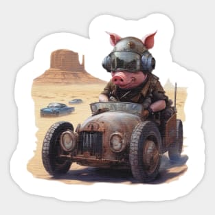 a pig racing a car across the desert Sticker